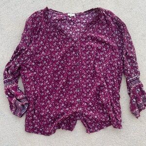 Mason & Belle V-Neck Button Up Floral Maroon Blouse Size XXL